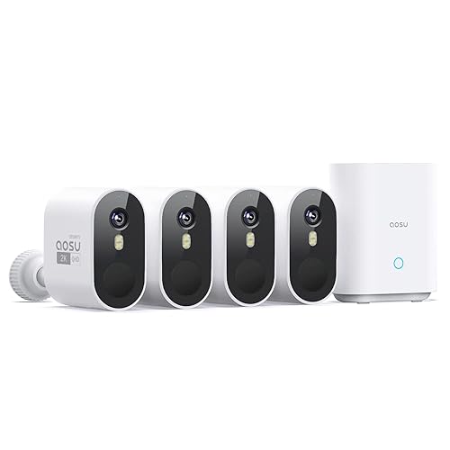 aosu Security Cameras Outdoor Wireless, 4-Cam-Kit, 166° Ultra-Wide-Angle, Battery Powered, No Subscription Required, Home Security Cameras System