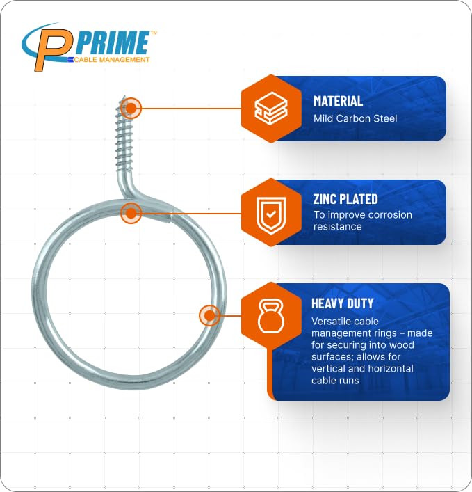 Prime Cable Management Cable & Wire Support Heavy Duty 2 Inch Threaded Bridle Rings Wood Screw, Cable Ring Hangers for Low Voltage Cable Management