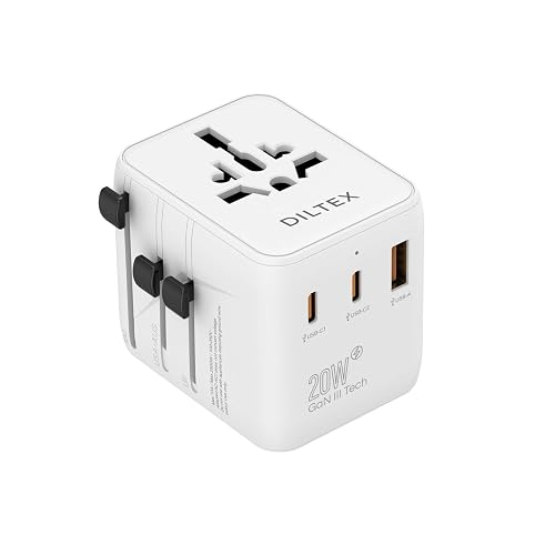 DILTEX 20W GaN III Fast Charging Travel Adapter - Dual USB-C & USB-A Ports with 2 AC Outlets & Dual 10A Overload Fuses - Universal Wall Charger