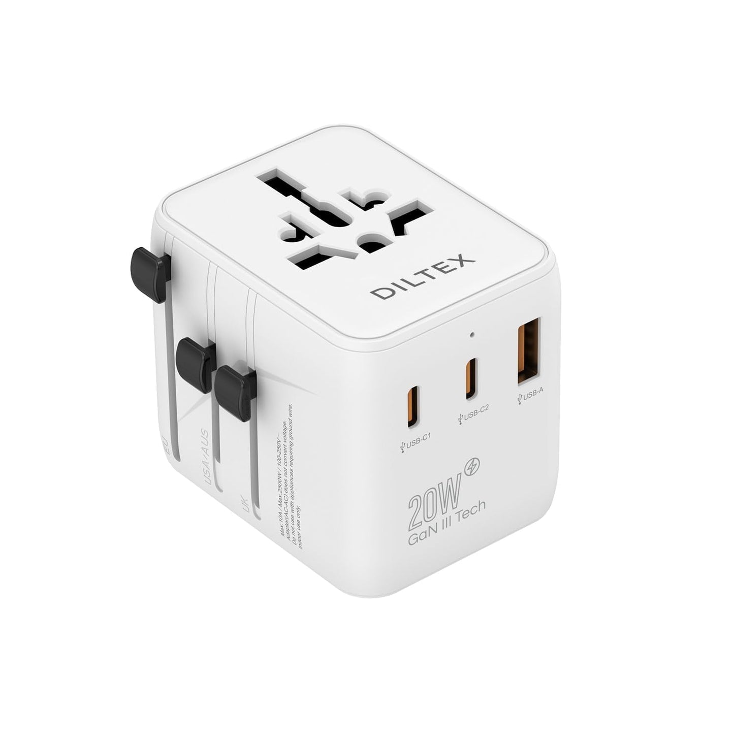 DILTEX 20W GaN III Fast Charging Travel Adapter - Dual USB-C & USB-A Ports with 2 AC Outlets & Dual 10A Overload Fuses - Universal Wall Charger