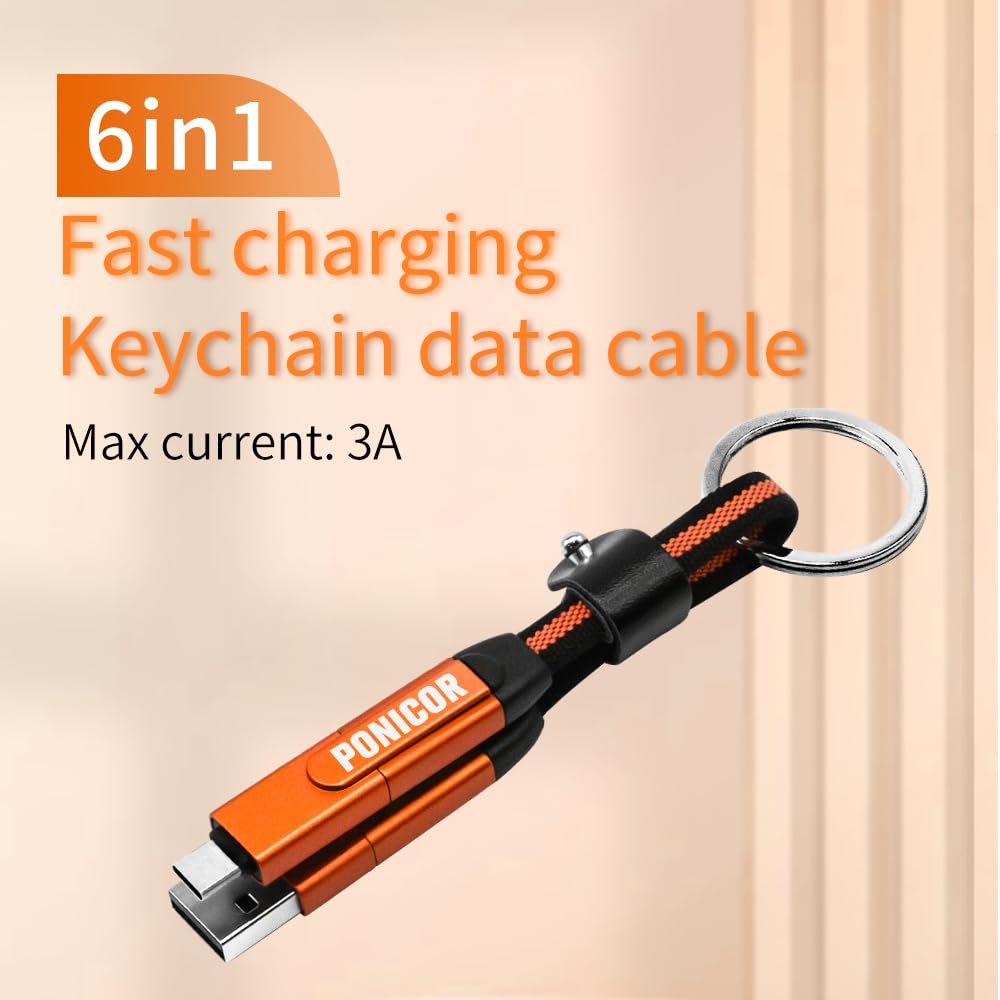PONICOR 6 in 1 Short Keychain Multi Charging Cable 3A Fast Charger Cord, Nylon Braided USB C Cable for Travel, Universal Charging Cable for Cell