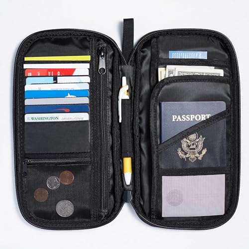 Amazon Basics RFID-Blocking Passport Wallet – Travel Passport Holder with Zipper Closure, Card Slots & Pockets, Durable Nylon, Black 10"x5"