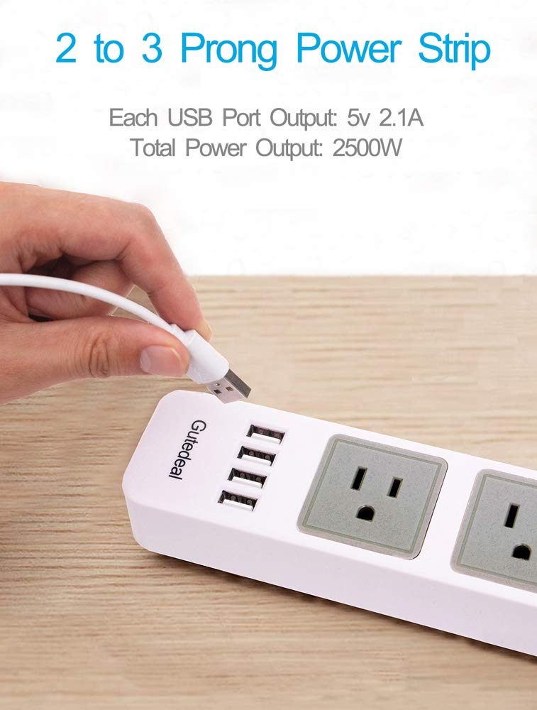2 Prong Power Strip with USB, 2 Prong to 3 Prong Outlet Adapter with 4 USB Ports 6.6ft Extension Cord, 3 AC Outlets Flat Plug Surge Protector