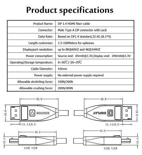 Jeirdus Fiber DP to DP Cable Male to Male 32Gbps High Speed 8k@60HZ 4K@140HZ, DP 1.4 Display Port for Big Game HDTV Projector, PC Host, Graphics
