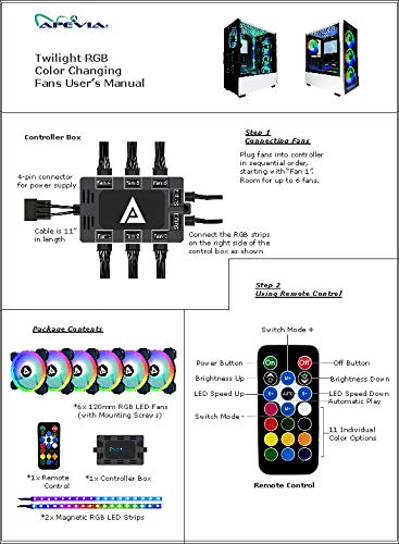 Apevia TL612L2S-RGB Twilight 120mm Silent Dual-Ring RGB Color Changing LED Fan w/Remote Control, 28x LEDs & 8X Rubber Pads w/ 2 LED Strips (6+2-pk)