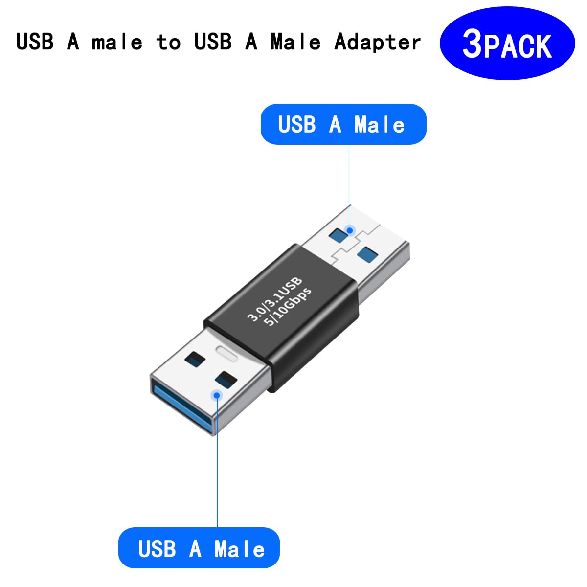 rgzhihuifz 3 Pack USB 3.0 Male to USB 3.0 Male Gender Changer Adapter Coupler Converter