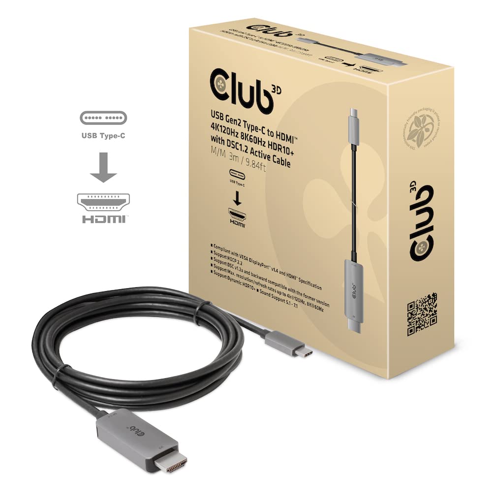 Club 3D CAC-1587 USB Gen2 Type-C to HDMI 4K120Hz 8K60Hz HDR10 with DSC1.2 Active Cable M/M 3m / 9.84ft