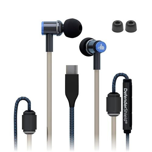 DefenderShield Air Tube Stereo Earbuds USB-C with Memory Foam Ear Tips - Universal Acoustic Wired Headphones with Mic & Volume Control
