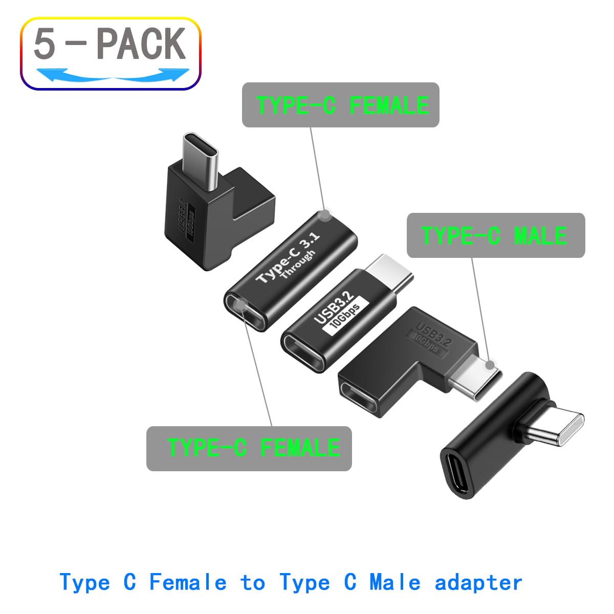 USB Type-C Adapter Set, 5-Pack, Female to Male Connector Kit, USB 3.2 10Gbps, Black