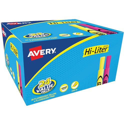 Avery Hi-Liter, Desk Style, Chisel Tip, 24 Pink and Yellow Highlighters (98189)
