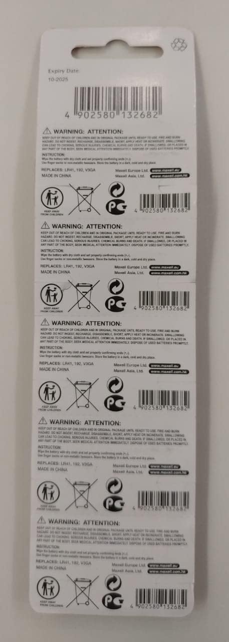 10 x Maxell LR41 AG3 192 Alkaline 1.5V Batteries