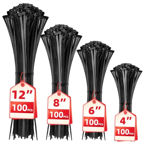 Cable Zip Ties,400 Pack Black Assorted Sizes 12+8+6+4 Inch,Multi-Purpose Self-Locking Nylon Cable Cord Management,Plastic Wire Ties
