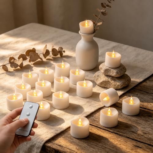 24 Pack LED Tea Lights with Remote Control, Flameless Battery Operated Tealight Candles, Warm White Flickering, Long Lasting for Home Decor, Wedding