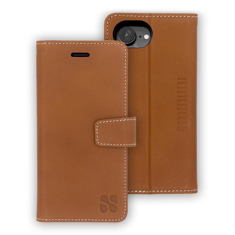 SafeSleeve Wallet Leather Case for iPhone 16e/17e EMF Blocker for Cell Phone with 3 Card Holder & Adjustable Stand - Magnetic Closure, and Magnetic