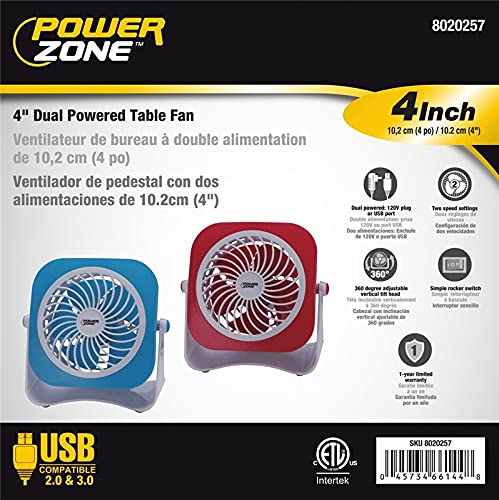 PowerZone Dual Powdered Table Fan, 2 Speeds, Plastic, 4 In W