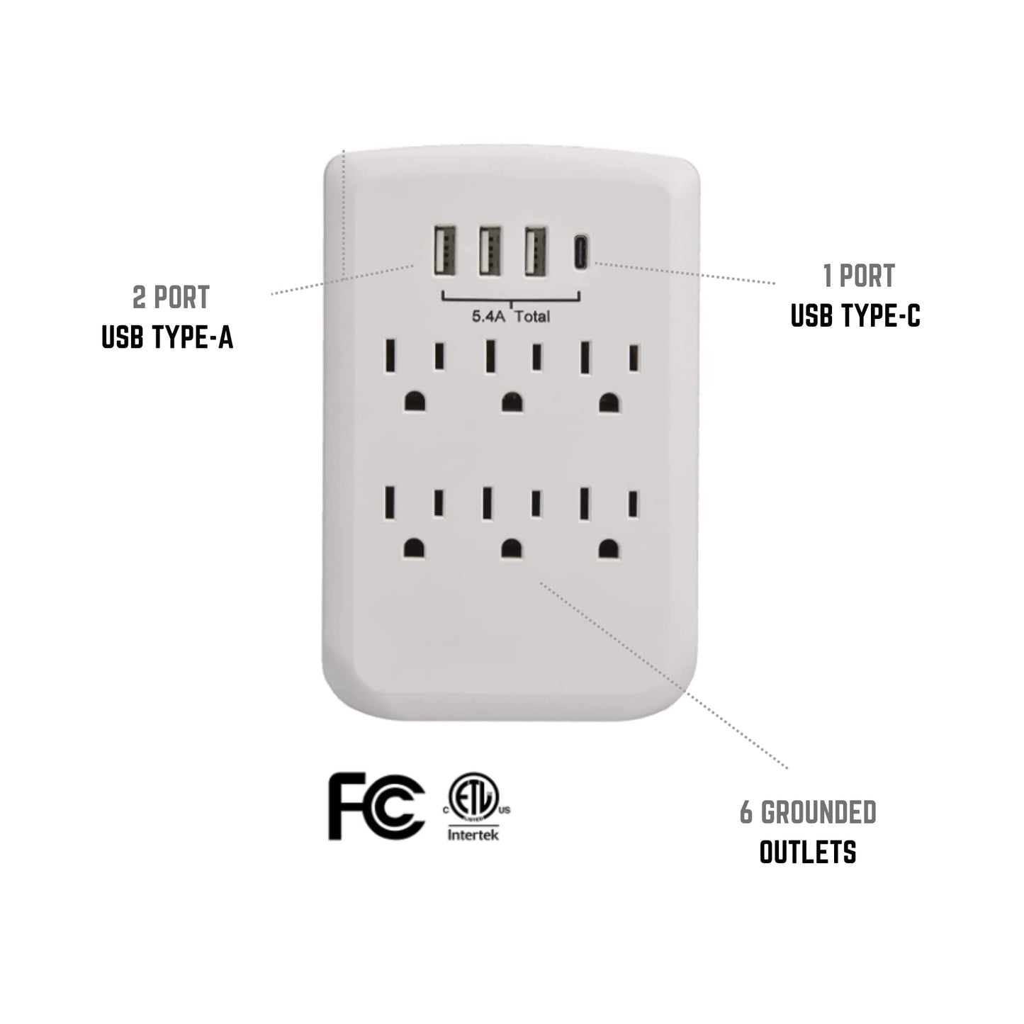 Clear Power 2pack: 6-Outlet Wall-tap w/3-port USB-A & 1-Port USB-C Chargers, CP30007X2