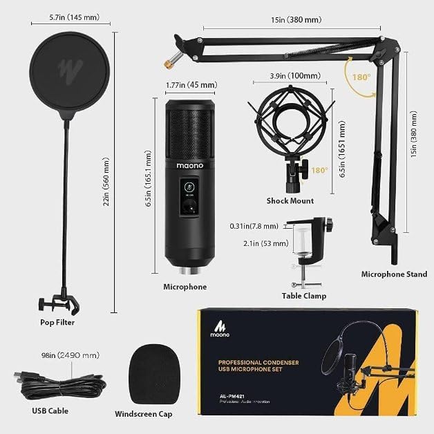 MAONO USB Recording Microphone Kit, Professional Condenser Microphone for PC with One-Touch Mute and Mic Gain Knob for Singing, Podcast, Studio