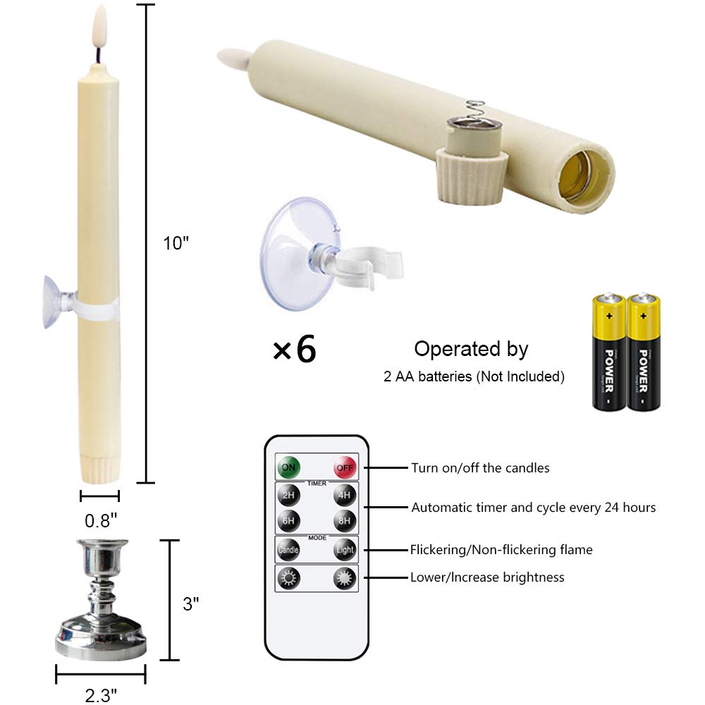 GenSwin Window Flameless Taper Candles with Remote & Timer, Battery Operated LED Candle Flickering Warm 3D Wick Light with Suction Cups, Set of 6 Real