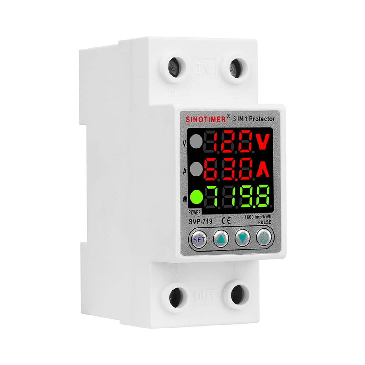 SINOTIMER SVP719 3 LED Display 120VAC 63A Adjustable Voltage Surge Protector Relay with Limit Current Protection, Single Phase Low Voltage Monitor