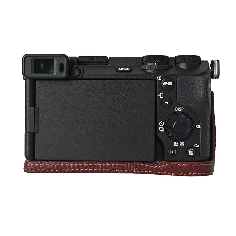 BMAOLLONGB A6700 Case, Handmade Litchi Genuine Real Leather Half Camera Case Bag Cover for Sony Alpha A6700 Bottom Opening Version + Neck Strap