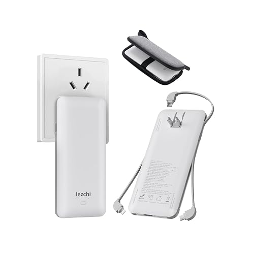 lezchi Portable Power Bank, Ultra Slim 10000mAh Portable Charger, USB C External Battery Pack with Built-in AC Plug, Charging Cable, Output Port