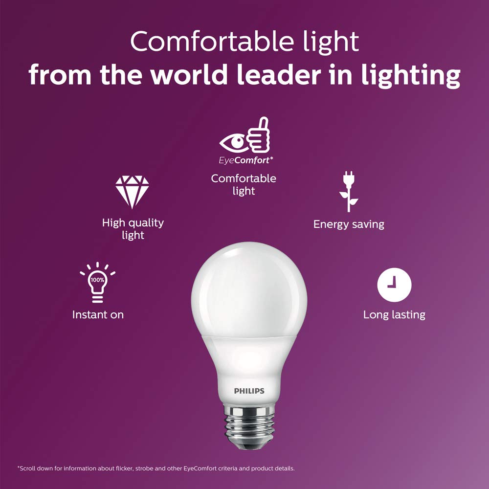 Philips LED 4 Pack A19 Soft White Dimmable Warm Glow LED, 2200-2700 Kelvin, 800 Lumen, 8.8W=60W, E27 Base