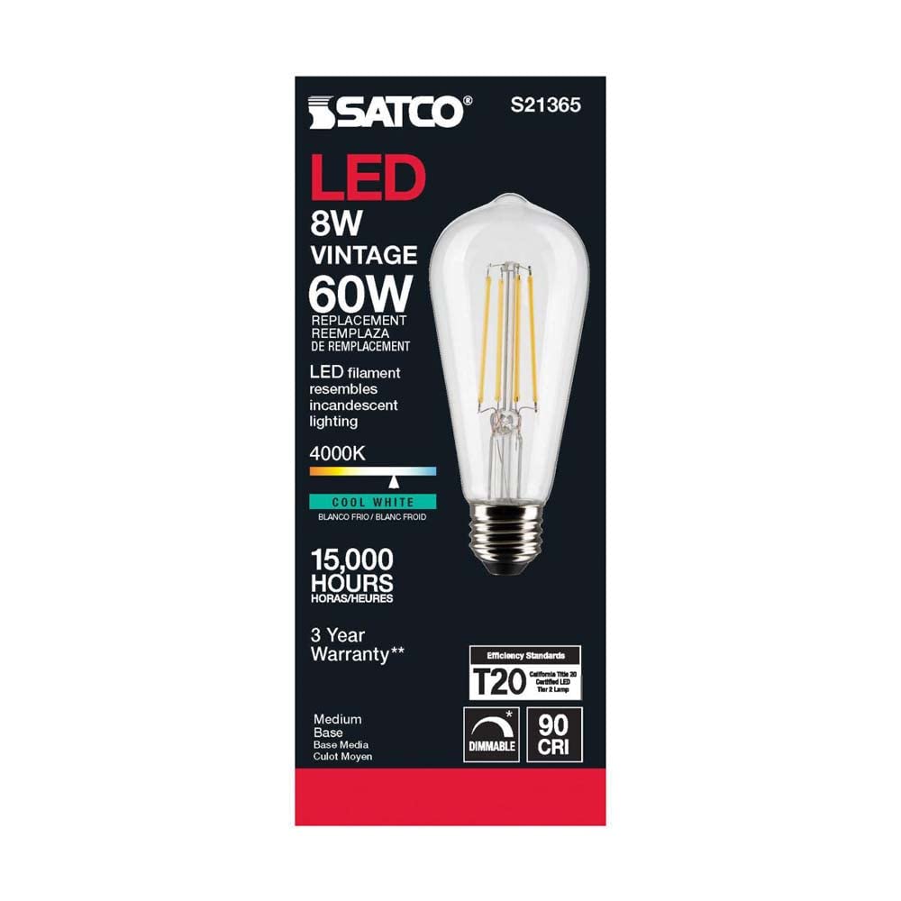 Satco 8W ST19 LED Clear Light Bulb, Cool White, E26 Base, 6 Pack