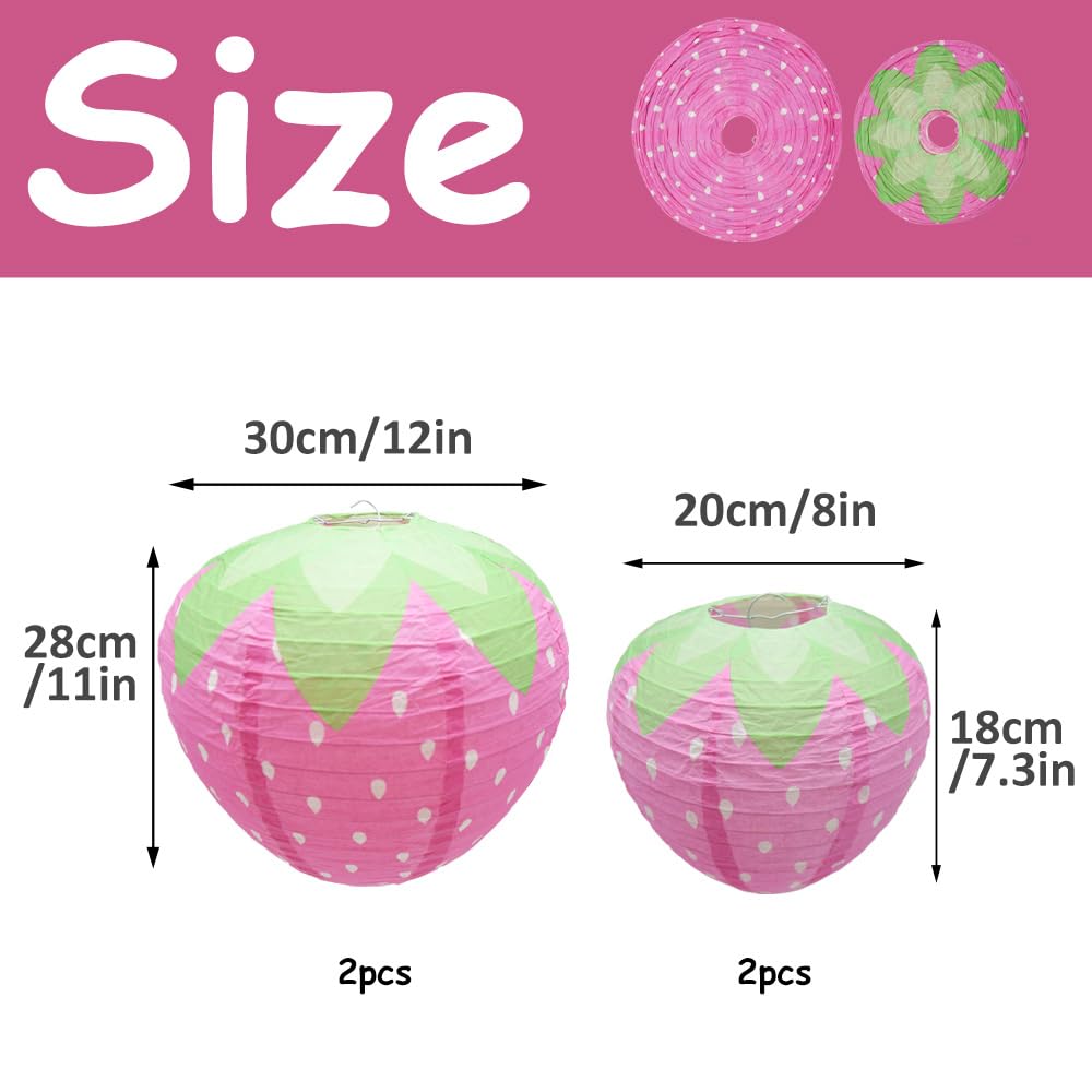 Hocansen 4 PCS Strawberry Paper Lanterns 8in 12in 3D Strawberry Hanging Decoration Strawberrys Shaped Paper Lanterns Fruit Hanging Ornaments