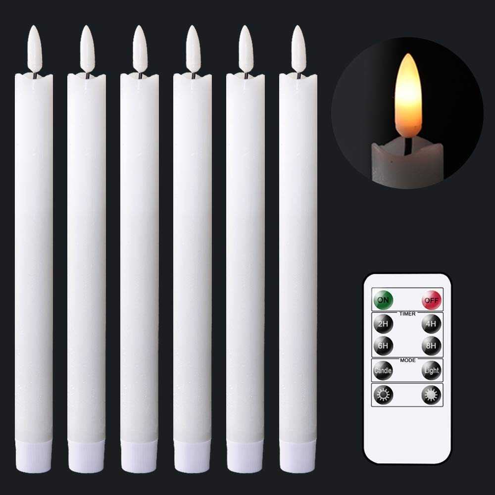 GenSwin Flameless White Taper Candles Flickering with 10-Key Remote, Battery Operated Led Warm 3D Wick Light Window Candles Real Wax Pack of 6