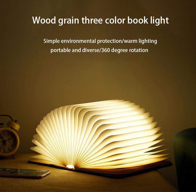 Ochangqi Wooden Book Light, Novelty Folding Book Lamp, 3 Colors Folding Night Light, Portable Desk Light USB Rechargeable Wooden Table Lamp Magnetic