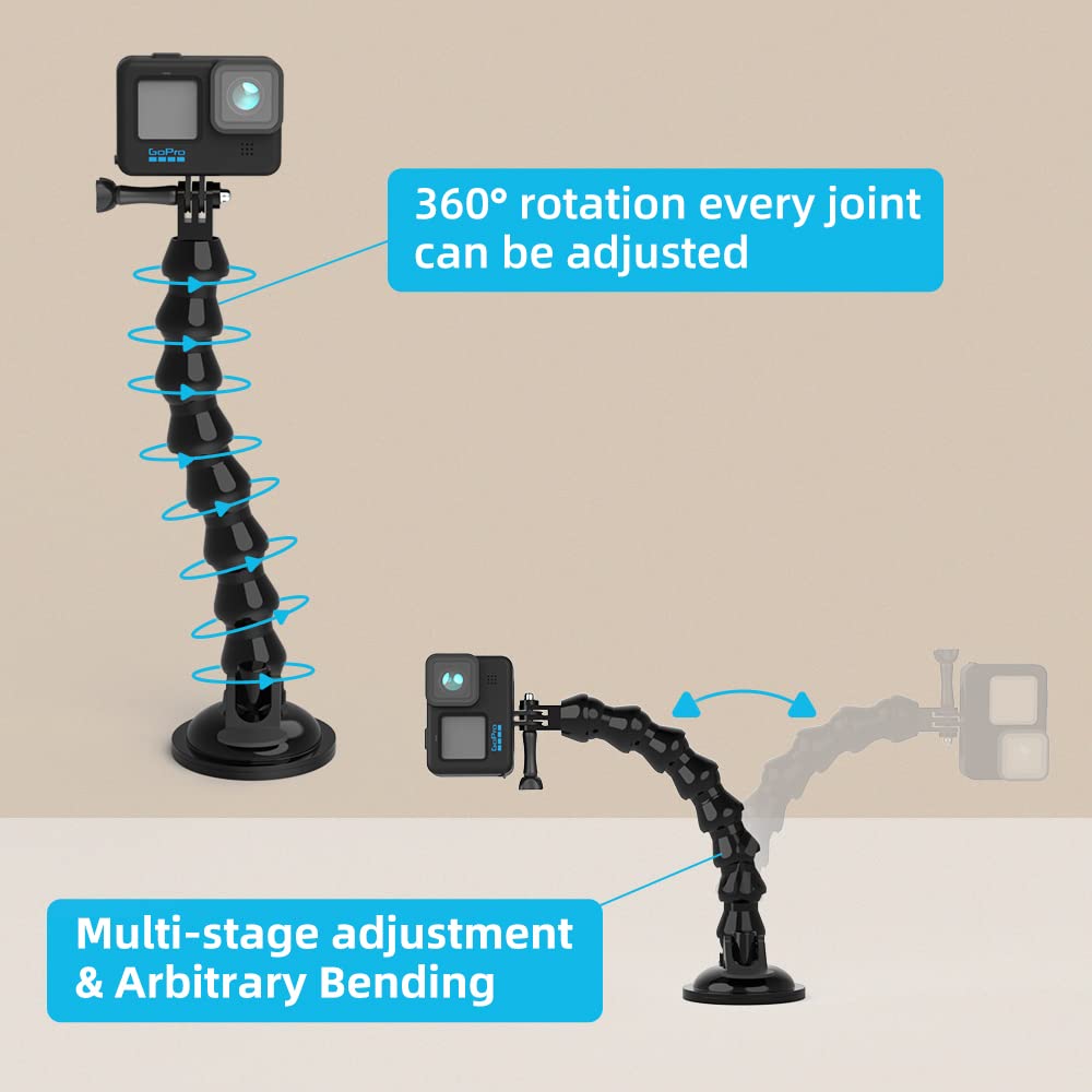 SUREWO Flexible Gooseneck Suction Cup Camera Car Mount Compatible with Gopro Hero 13 Black,Hero 12/11/10/9/8/7/6/5 Black,DJI Osmo Action 5