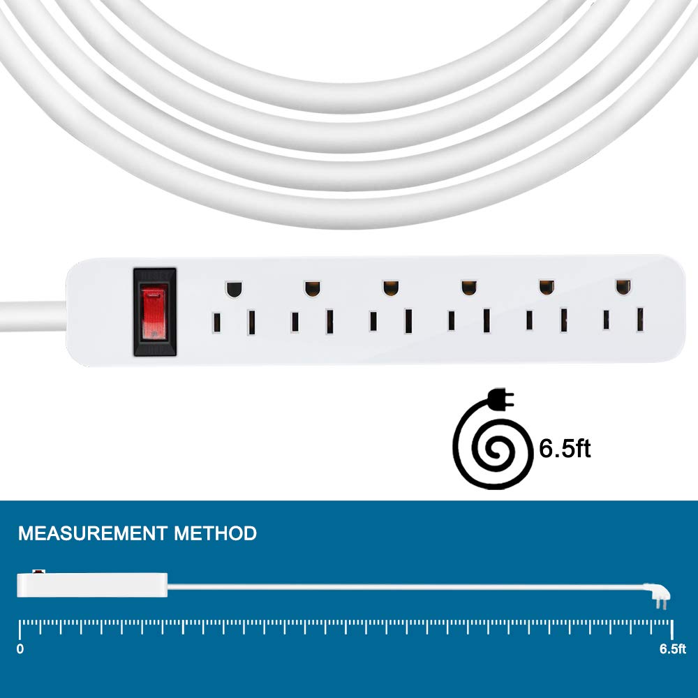 EXTRASTAR 6 Outlets Power Strip, 6 Ft Extension Cord 1875W,15A Build-in Circuit Breaker, Mountable, Thin Flat Plug, Desktop Charging Station for Home