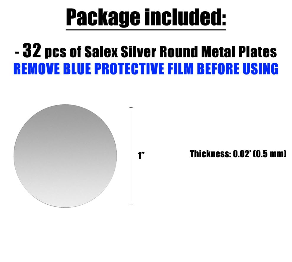 SALEX Cell Phone Metal Stickers 1 inch for Magnetic Car Mount. Replacement Set of 32 Mini Magnet Metal Plates. Silver Car Sticky Small Round Iron