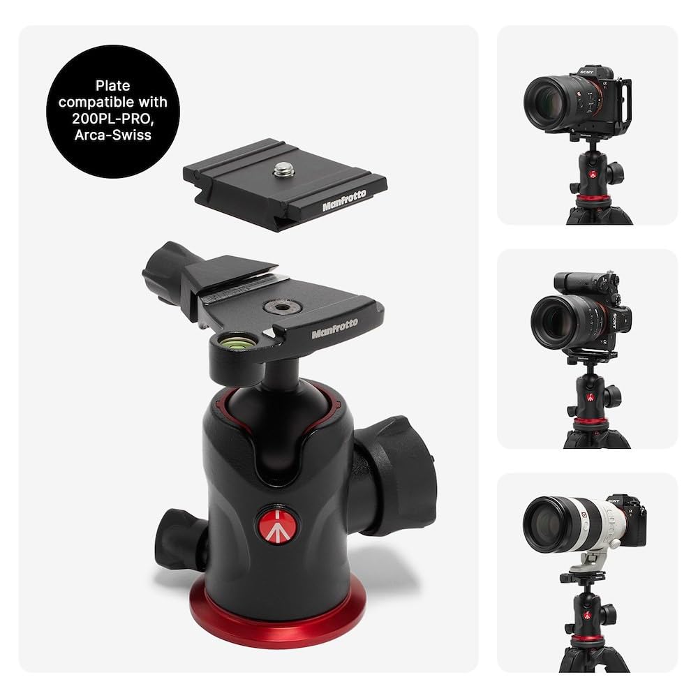 Manfrotto 190X AS, 3-Section Aluminum Camera Tripod, Photo-Kit with Ball Head, Ground Level, Arca-Swiss Plate, Quick Power Lever Lock, 22lbs Payload