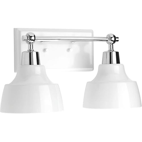 Progress Lighting Bramlett Collection 2-Light White Metal Shade Coastal Bath Vanity Light Polished Chrome