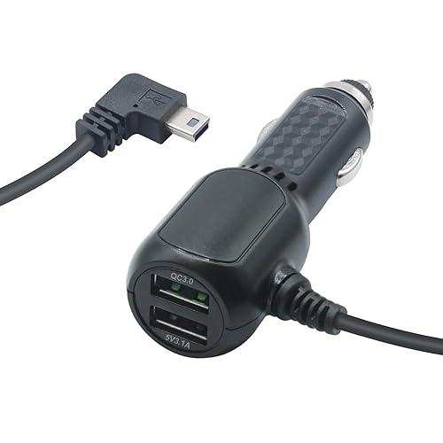 Dash Cam Mini USB Power Cable 11FT, Right Angle 90 Degree Mini USB with Dual USB Port Fast Power Supply, for 12V-24V Car and Truck Dash Cam, GPS