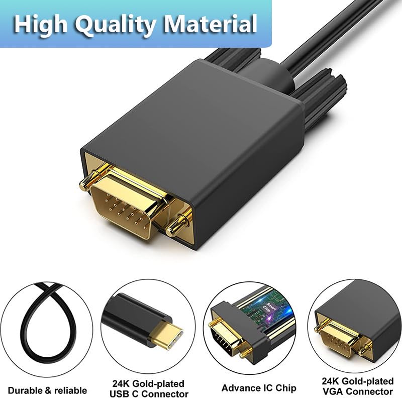 USB C to VGA Cable 6 Feet, USB Type-C to VGA Adapter Thunderbolt 3/4 Compatible with MacBook Pro, iPhone 16 Pro Max, iPad Pro, Samsung Galaxy S24/ S23