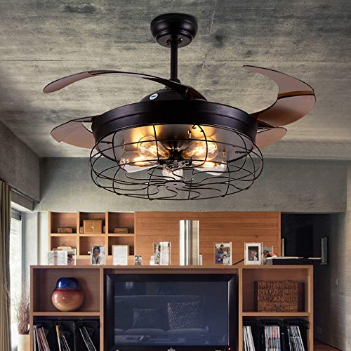 42'' Ceiling Fans light Invisible Retractable Blades Farmhouse Industrial Pendant Lamp Chandelier Remote Control for Living room, Bedroom, Dining