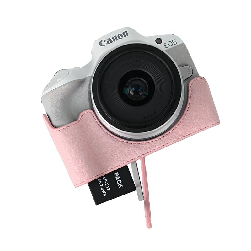 R50 Case, BMAOLLONGB Handmade PU Lichee Leather Half Camera Case Bag Cover Bottom Opening Version for Canon Eos R50 with Hand Strap (Pink)