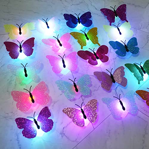 Cynzia 3D LED Butterfly Night Lights, 40Pcs Single and Double Butterfly Decoration Light, Glowing Flash Wall Stickers Light for Bedroom, Garden