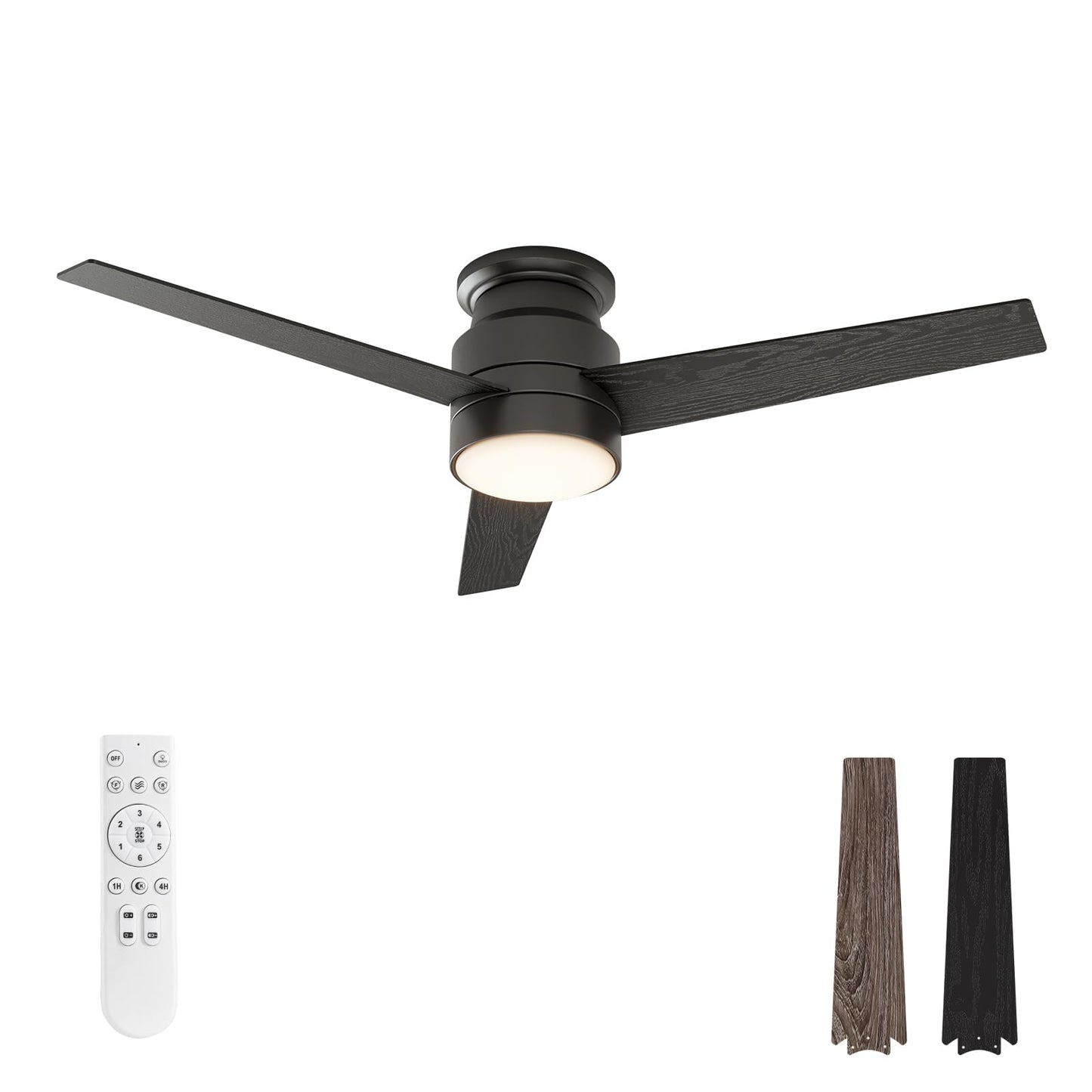 warmiplanet Flush Mount Ceiling Fan with Lights Remote Control, 52-Inch, Black, 3-Blades