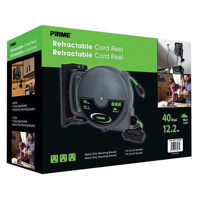 Prime Wire & Cable 40FT 12m Retractable Extension Cord Reel, Heavy Duty Power Cord Reel with Triple Outlets, 14AWG/3C SJTW Cord, Circuit Breaker