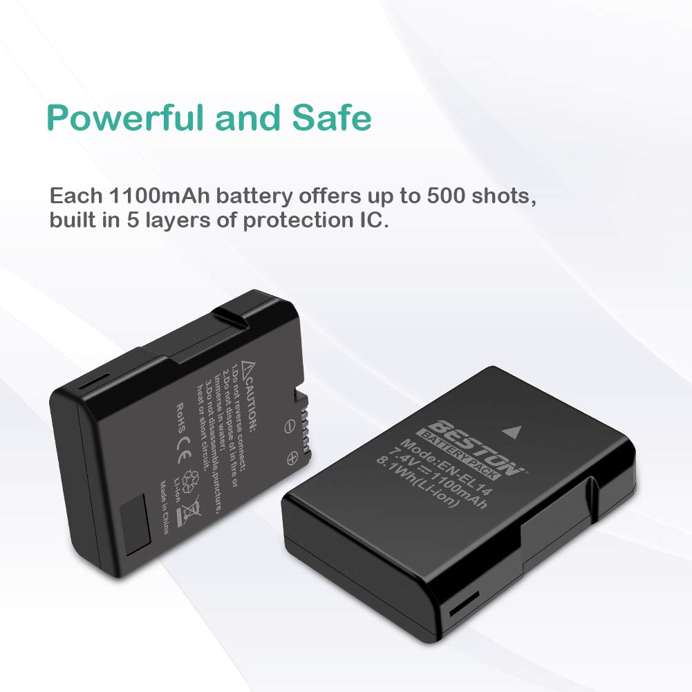 BESTON 2-Pack EN-EL14 / EN-EL14a Battery Packs and Rapid USB Charger Compatible with Nikon D3100 D3200 D3300 D3400 D3500 D5100 D5200 D5300 D5500 D5600