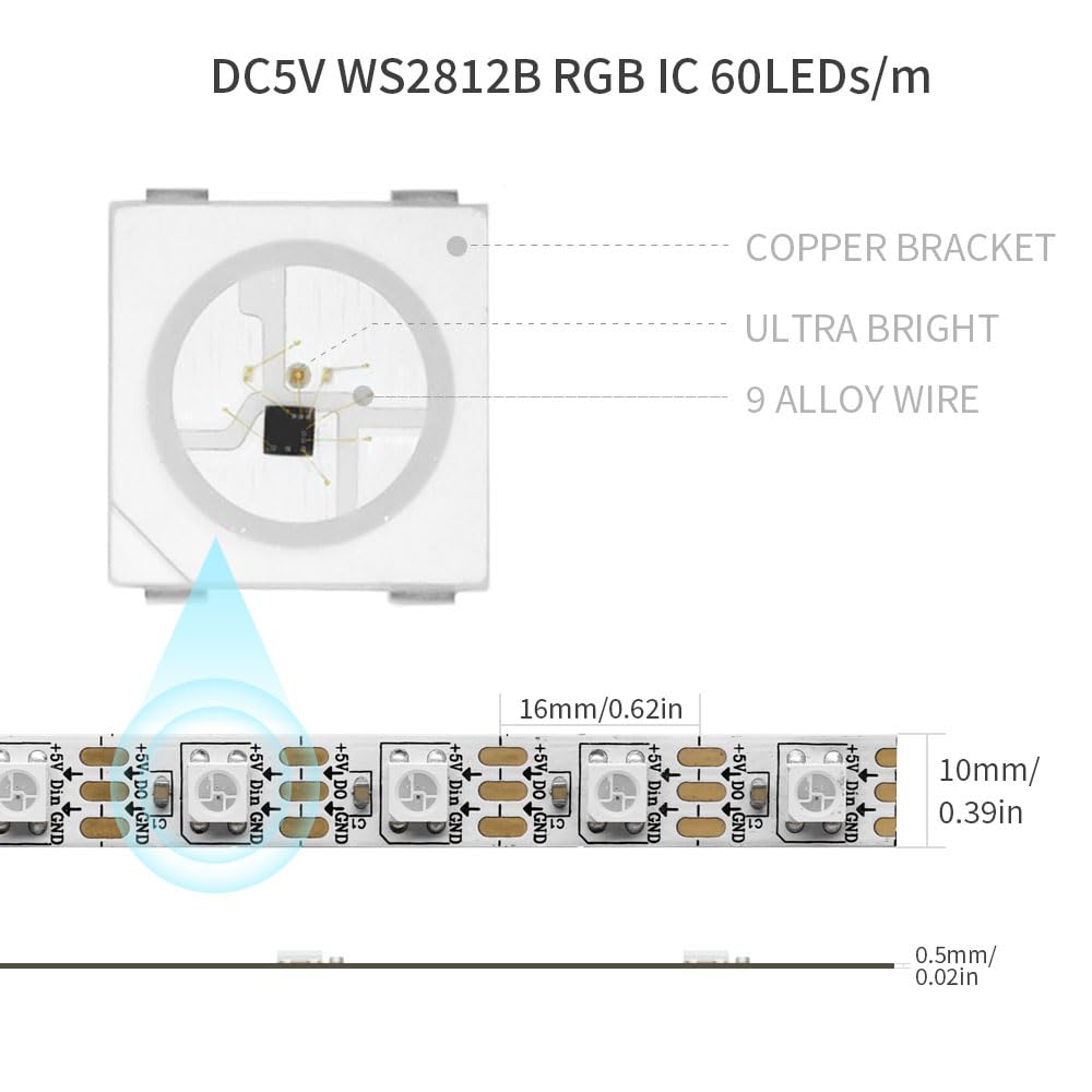LOAMLIN WS2812B IC RGB 5050SMD ECO Individual Addressable LED Strip Light, 16.4FT 300LED 60LED/m Flexible Full Color IP65 Waterproof DC5V White PCB