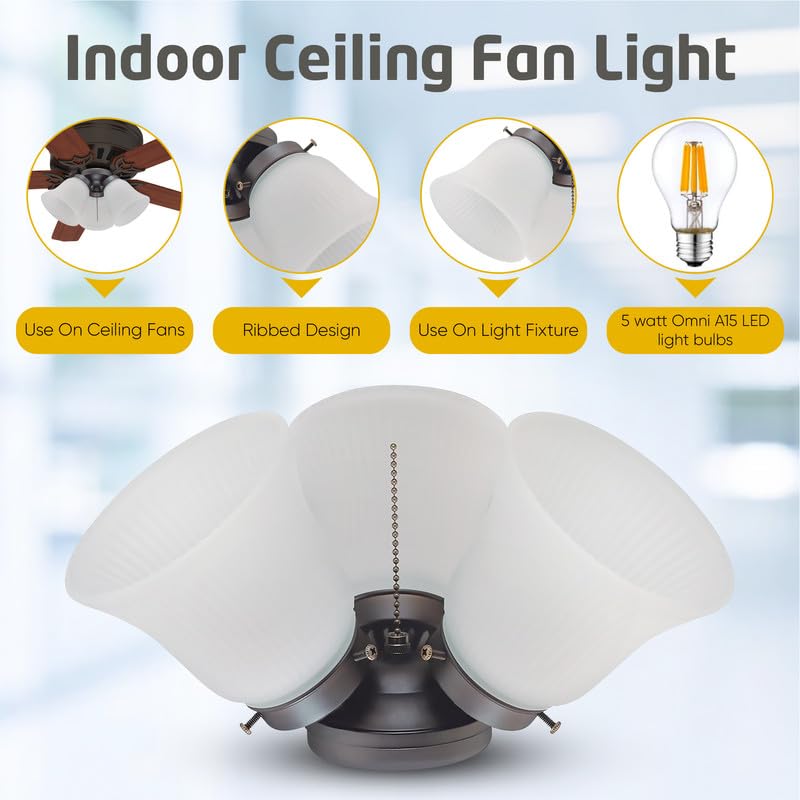 Ciata Modern Ceiling Fan Light Fixture Kit with 3 Frosted Ribbed Glass Bulb Shades and LED Lighting, Energy Efficient, Low Profile Cluster for Bedroom