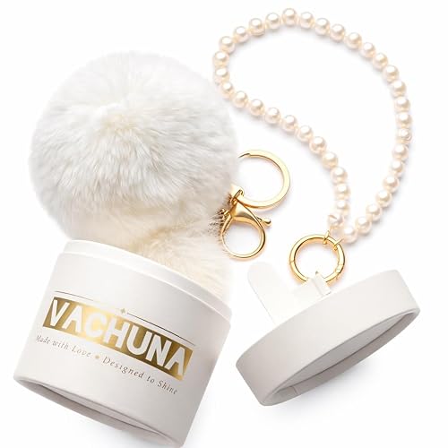 VACHUNA Luxury Cute Fur Pom Pom Bag Charm & Pearl Phone Strap Set - Real Rabbit & Mink Fur, Freshwater Pearls, Wrist Strap, Gift Box, Gift for Women