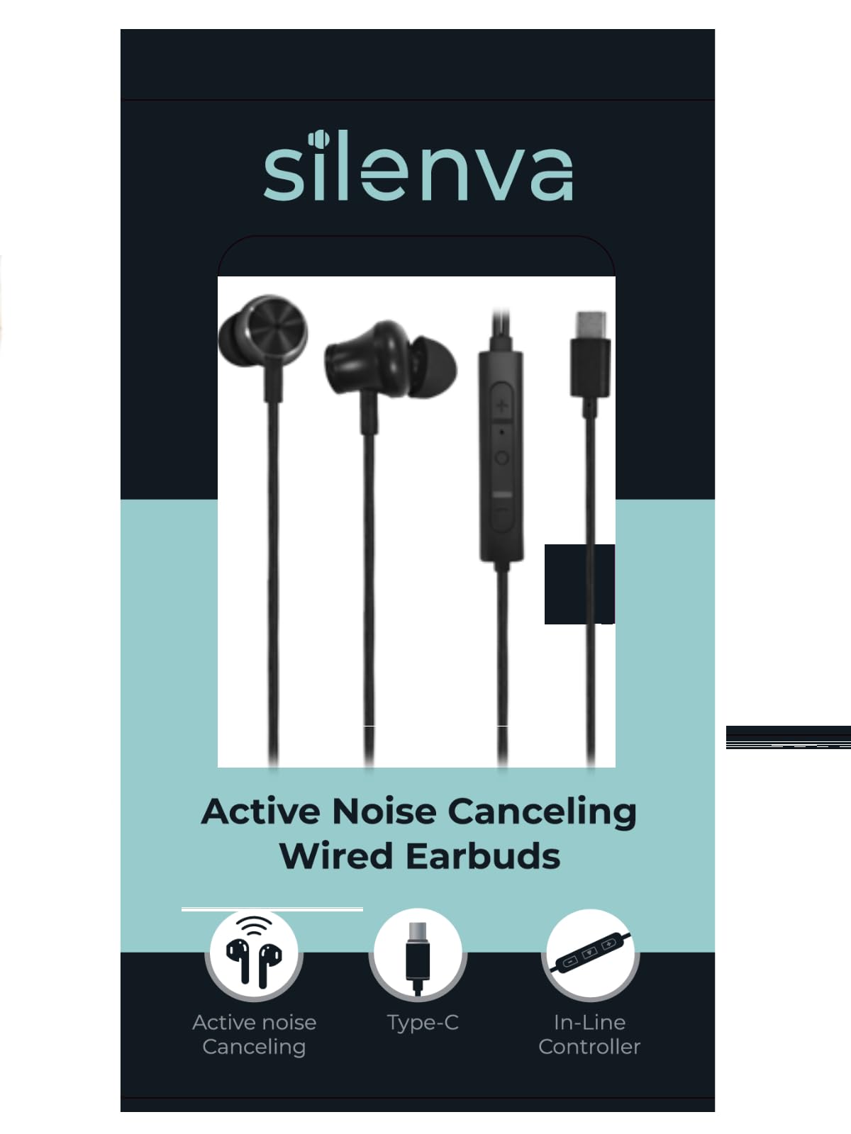 Silenva Active Noise Canceling Earbuds Wired, USB-C Wired ANC Earbuds, 20dB Earbuds Wired, Press Center Button Twice to Turn on ANC, Black