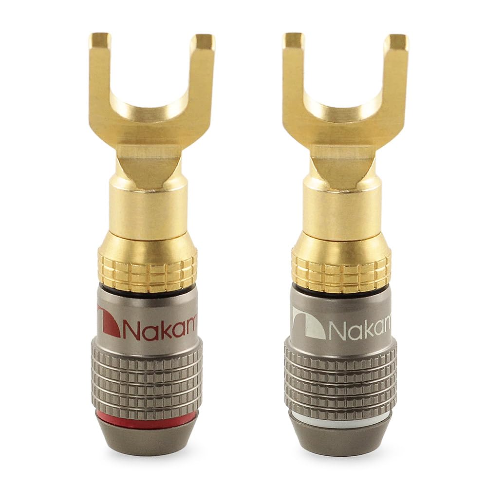 Nakamichi FanLock Excel Series 24k Gold Plated Spade Connector Banana Plug 10 AWG - 18 AWG Gauge Size 4mm for Speakers Amplifier Hi-Fi Home Theatre
