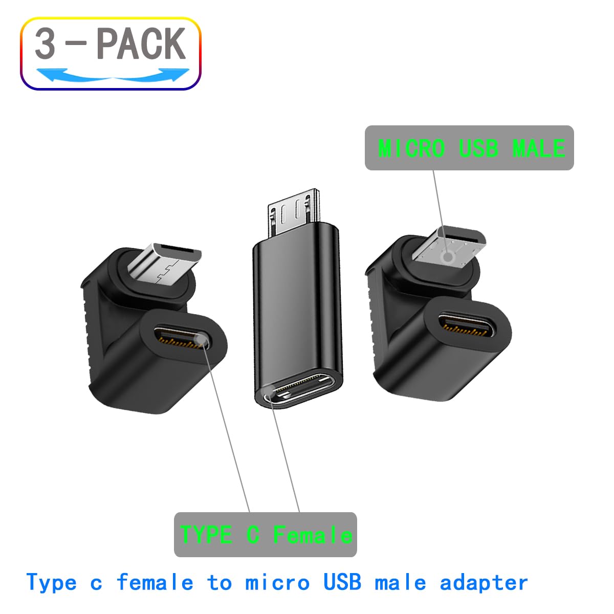 ZJKJHJY 360Degree Angled Type USB-C USB2.0 Type C Female to Micro USB Male Power Data Adapter,3 Pack