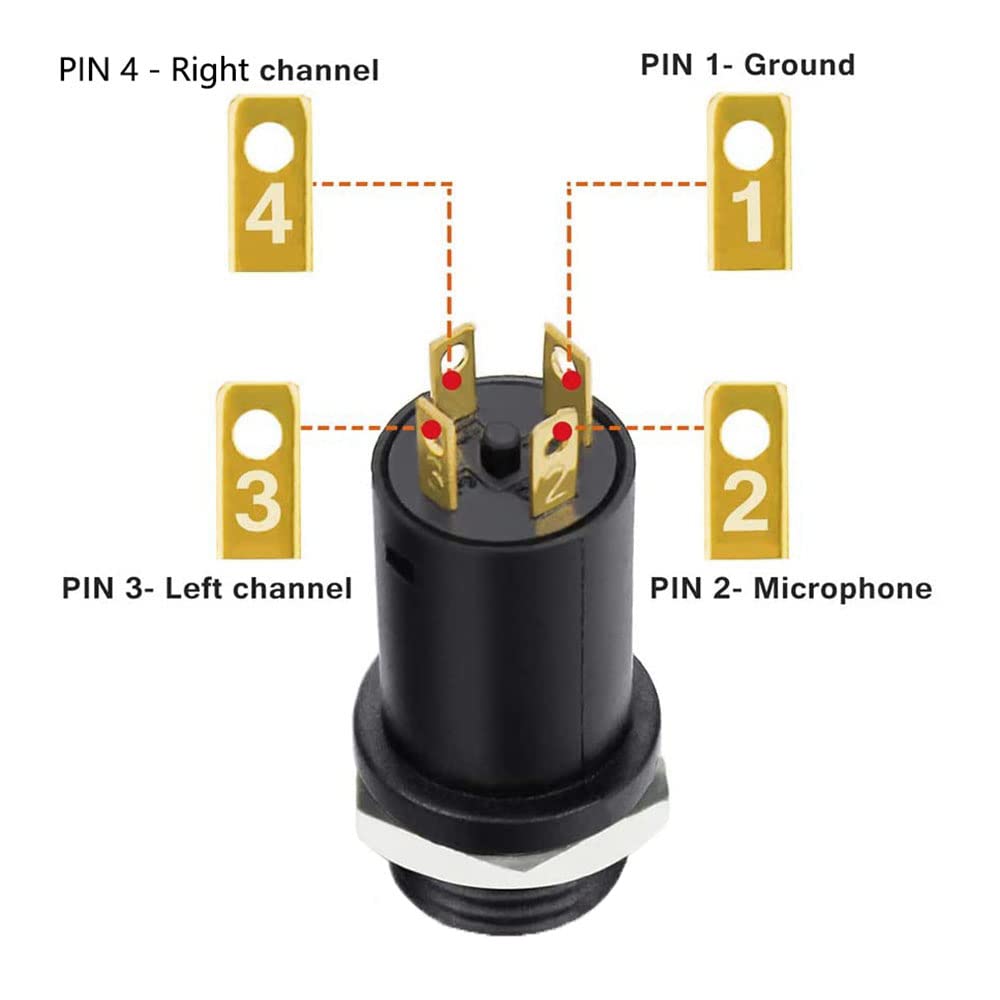 RLECS 10pcs 3.5mm Mini Stereo Female Jack Socket Plug with Nut, 3.5MM Mini Stereo Panel Mount Jack Solder Connector 4-Pole Gold-Plated, 3.5 mm